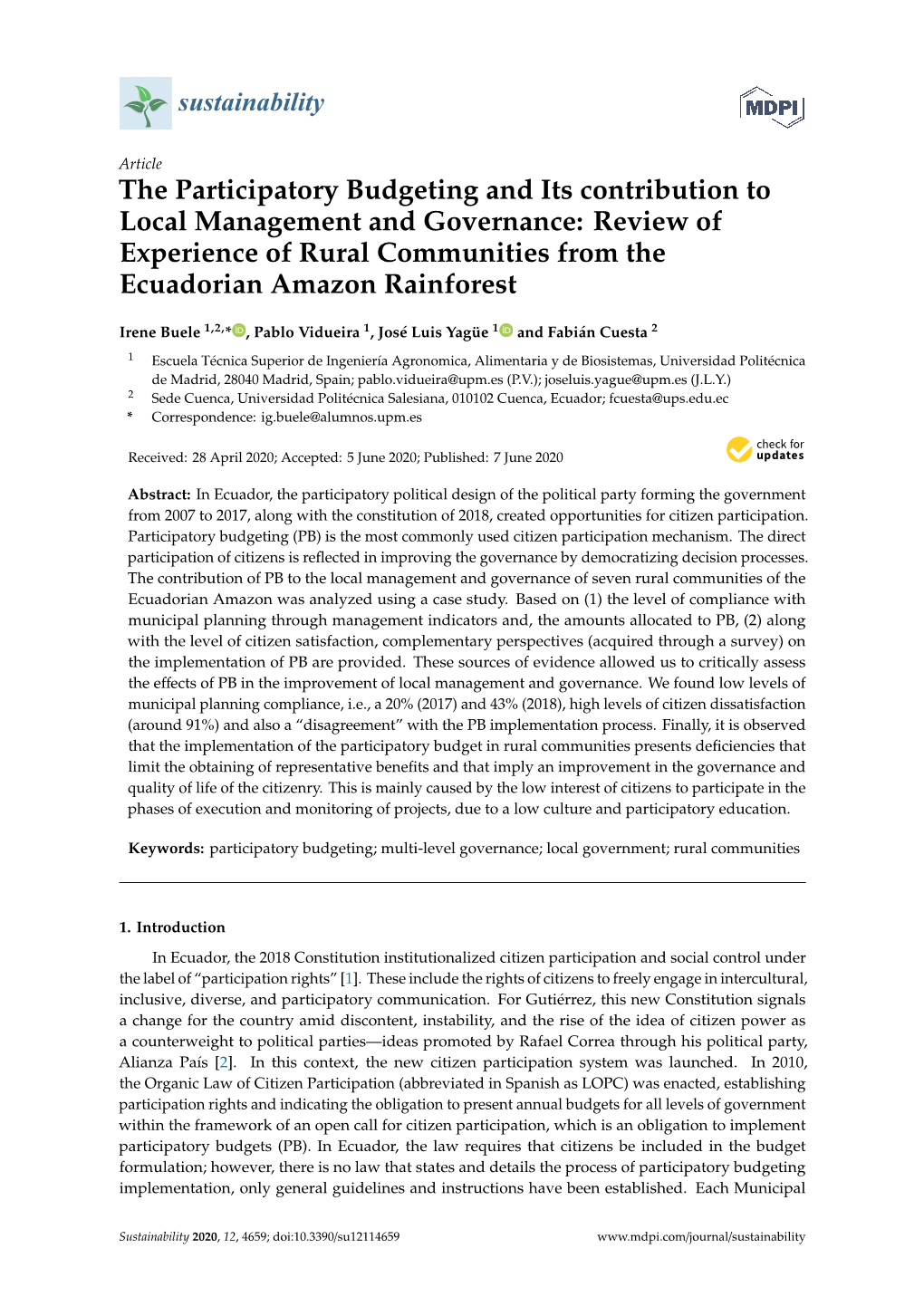 The Participatory Budgeting and Its Contribution to Local Management and Governance: Review of Experience of Rural Communities from the Ecuadorian Amazon Rainforest