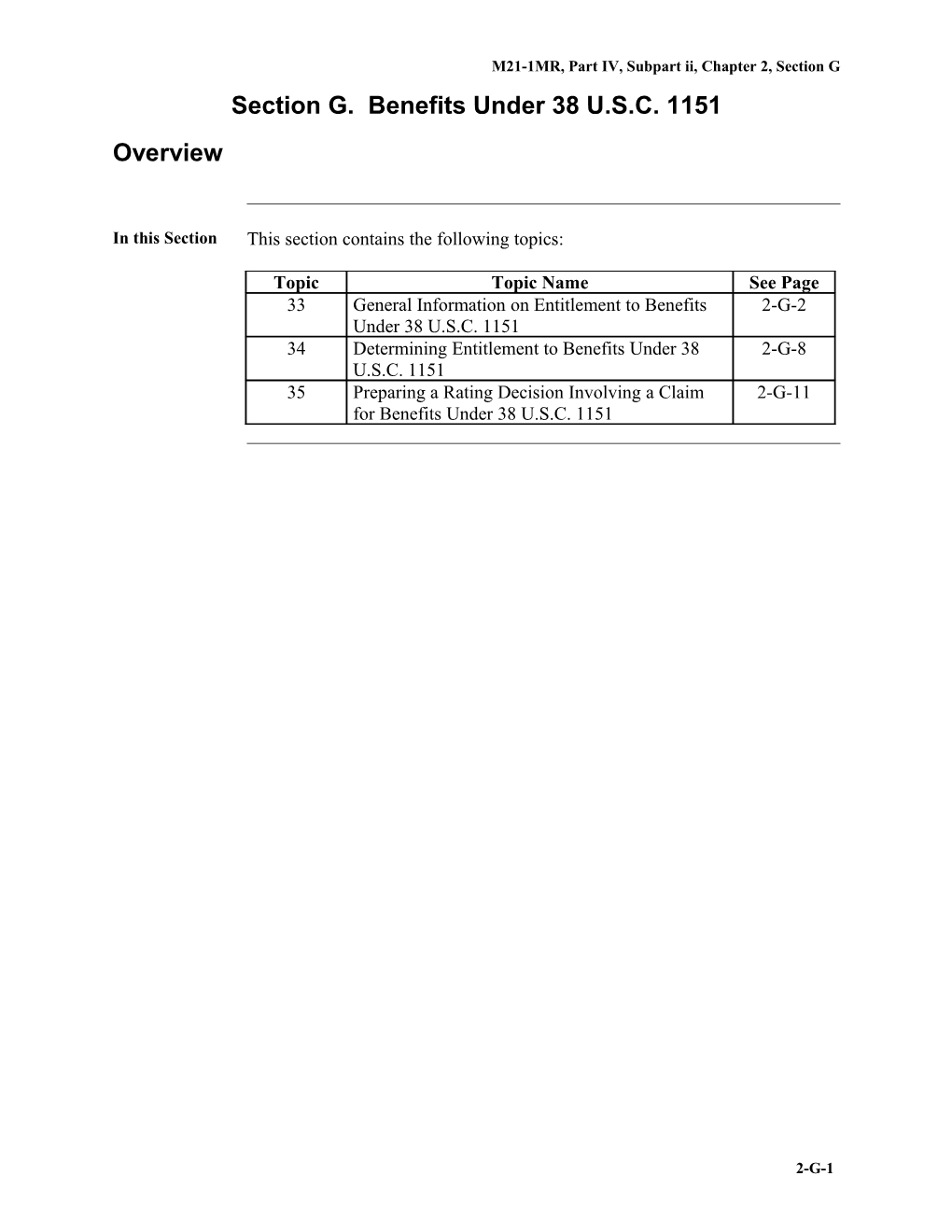 Part IV, Subpart Ii, Chapter 2, Section G. Benefits Under 38 U.S.C. § 1151