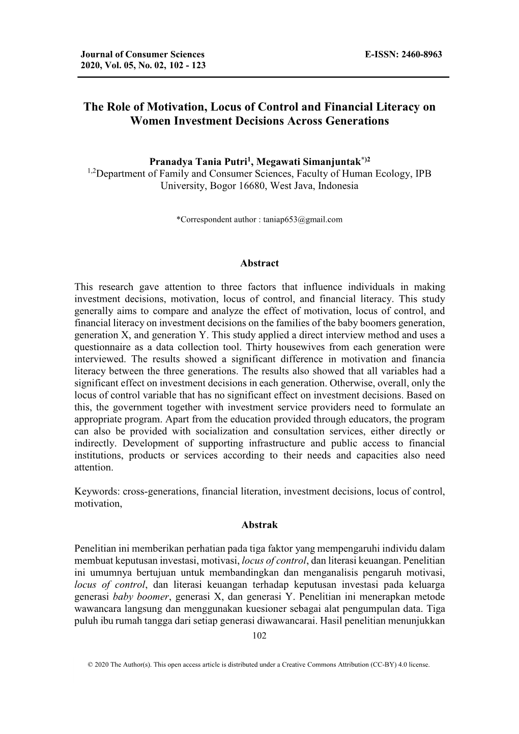 The Role of Motivation, Locus of Control and Financial Literacy on Women Investment Decisions Across Generations