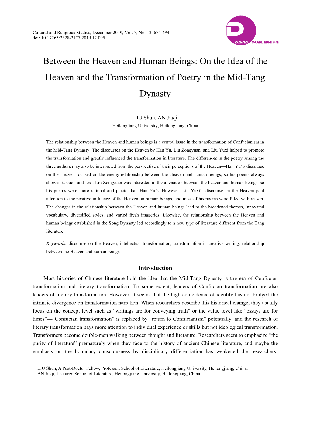 Between the Heaven and Human Beings: on the Idea of the Heaven and the Transformation of Poetry in the Mid-Tang Dynasty