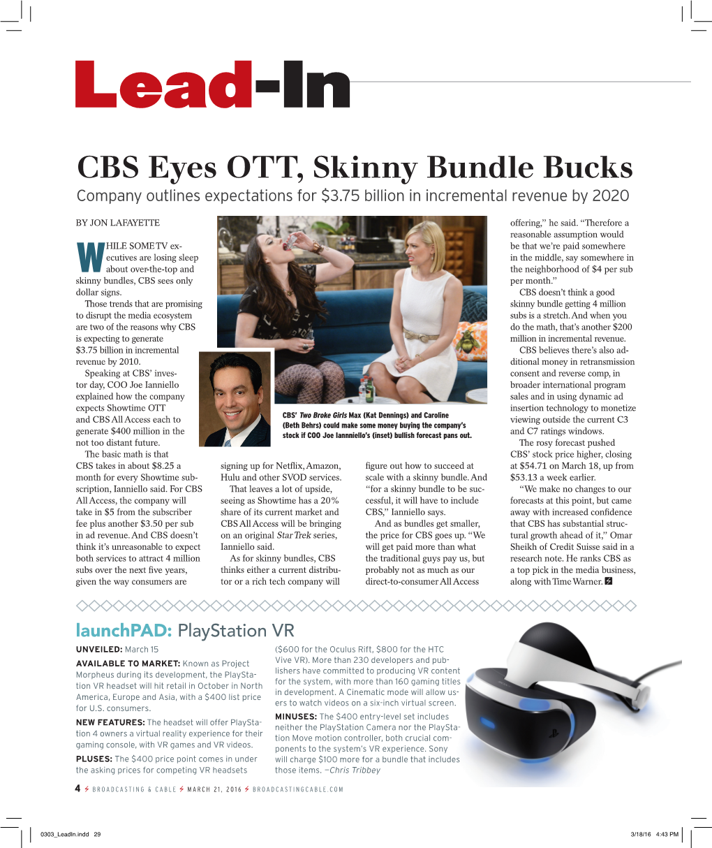 Lead-In CBS Eyes OTT, Skinny Bundle Bucks Company Outlines Expectations for $3.75 Billion in Incremental Revenue by 2020