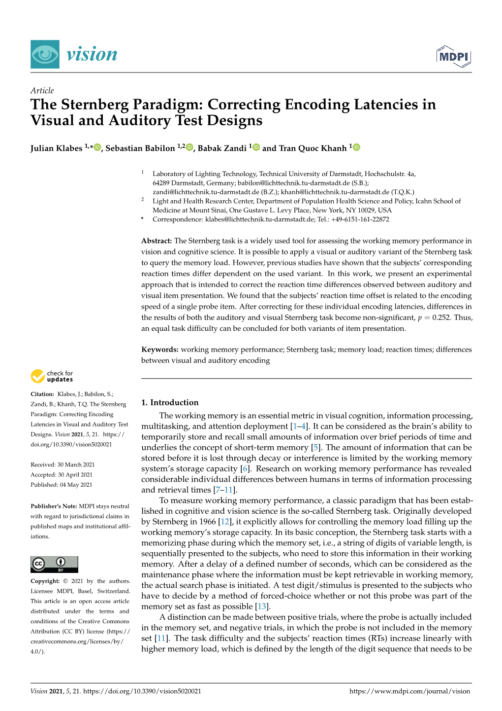 The Sternberg Paradigm: Correcting Encoding Latencies in Visual and Auditory Test Designs