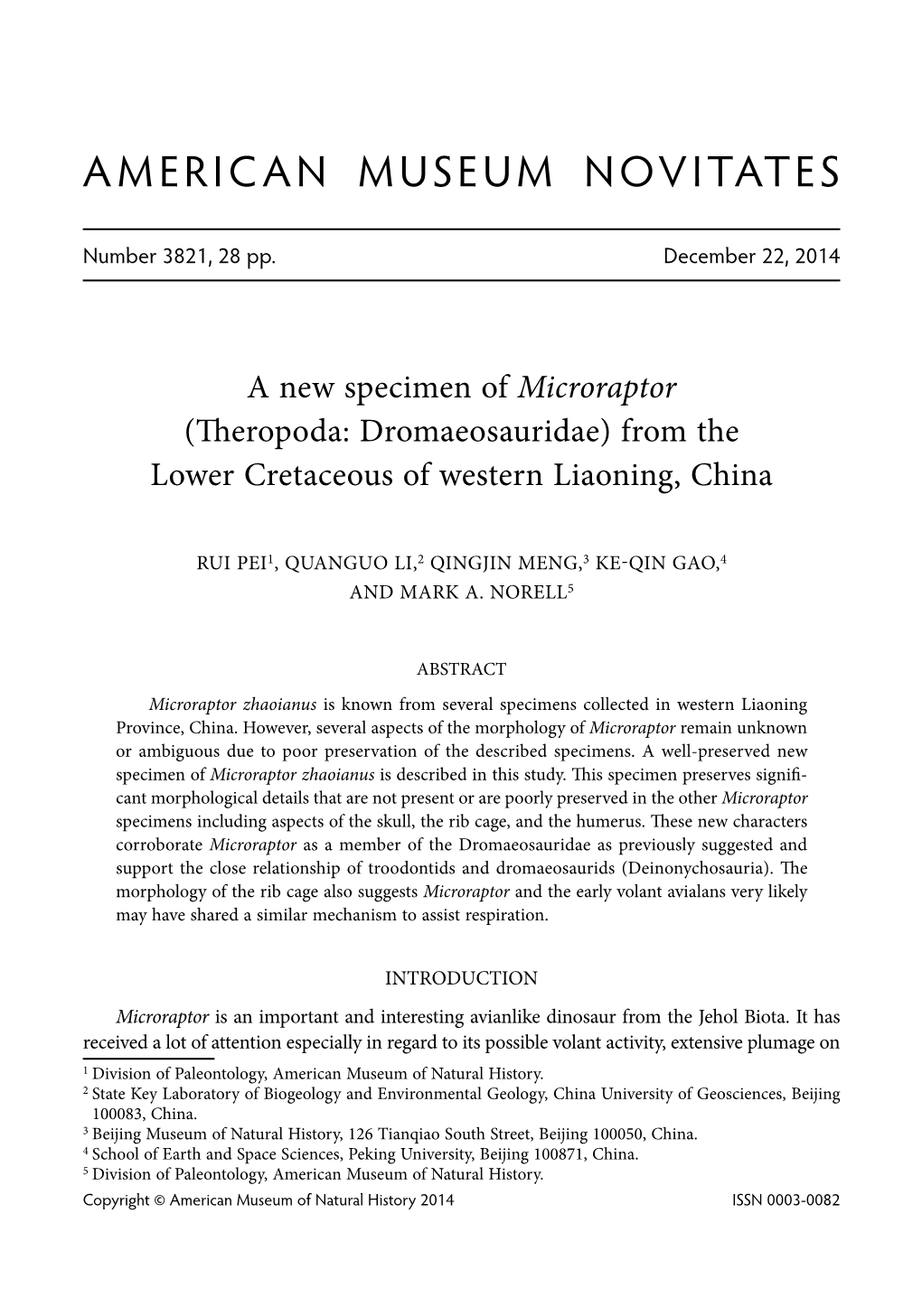 Microraptor (Theropoda: Dromaeosauridae) from the Lower Cretaceous of Western Liaoning, China