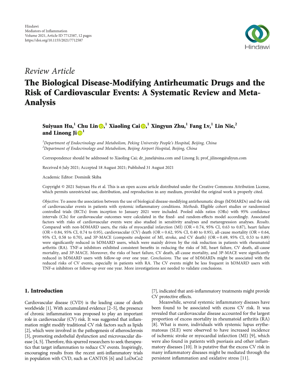 Review Article the Biological Disease-Modifying Antirheumatic Drugs and the Risk of Cardiovascular Events: a Systematic Review and Meta- Analysis