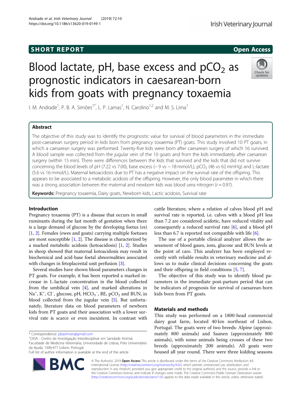 Blood Lactate, Ph, Base Excess and Pco2 As Prognostic Indicators in Caesarean-Born Kids from Goats with Pregnancy Toxaemia I