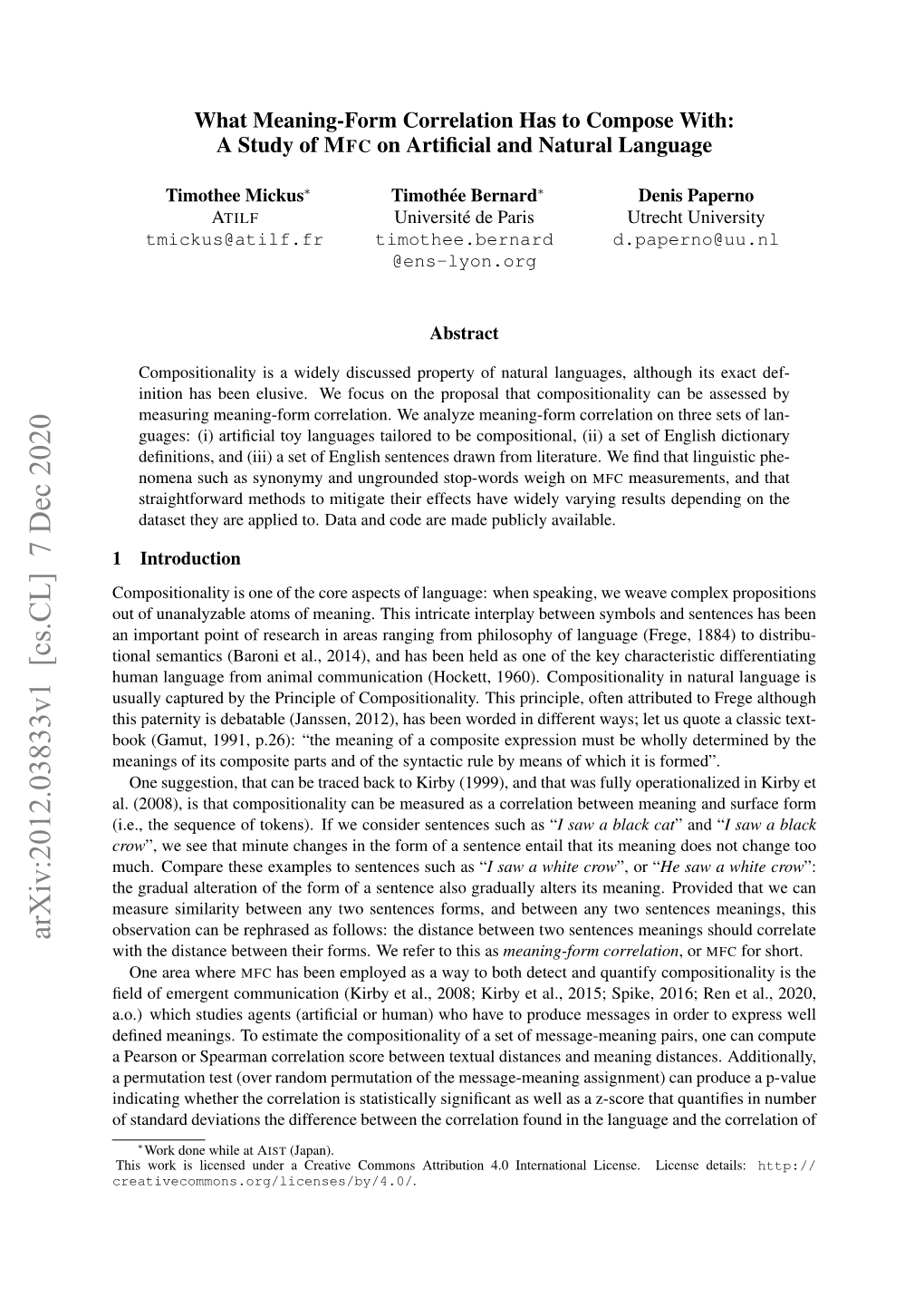 Arxiv:2012.03833V1 [Cs.CL] 7 Dec 2020 with the Distance Between Their Forms