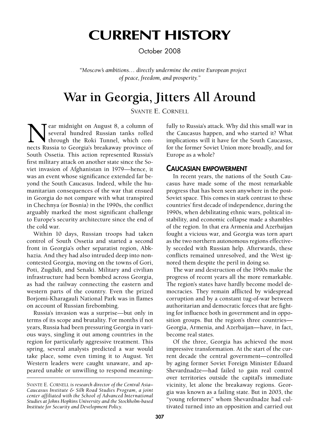 War in Georgia, Jitters All Around CURRENT HISTORY