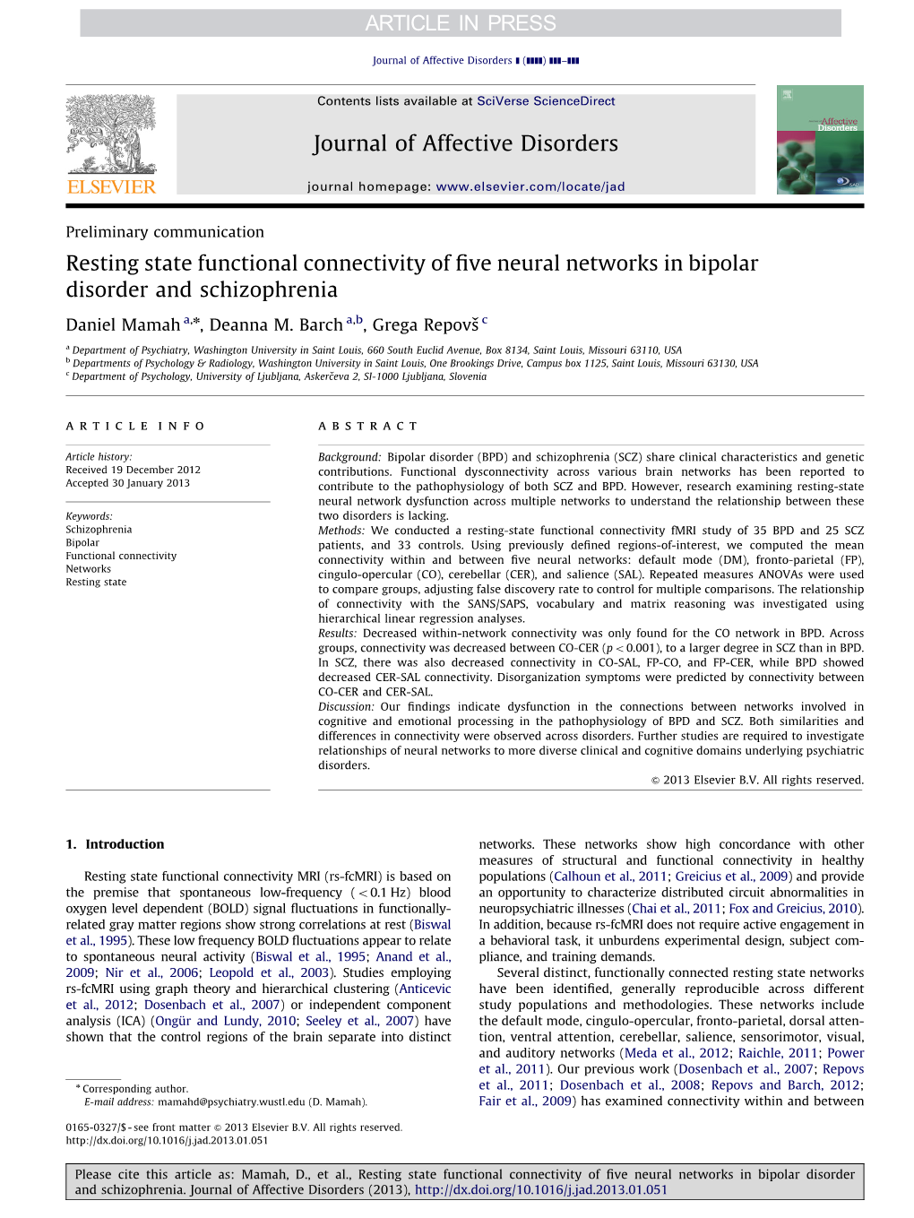 Resting State Functional Connectivity of Five Neural Networks in Bipolar