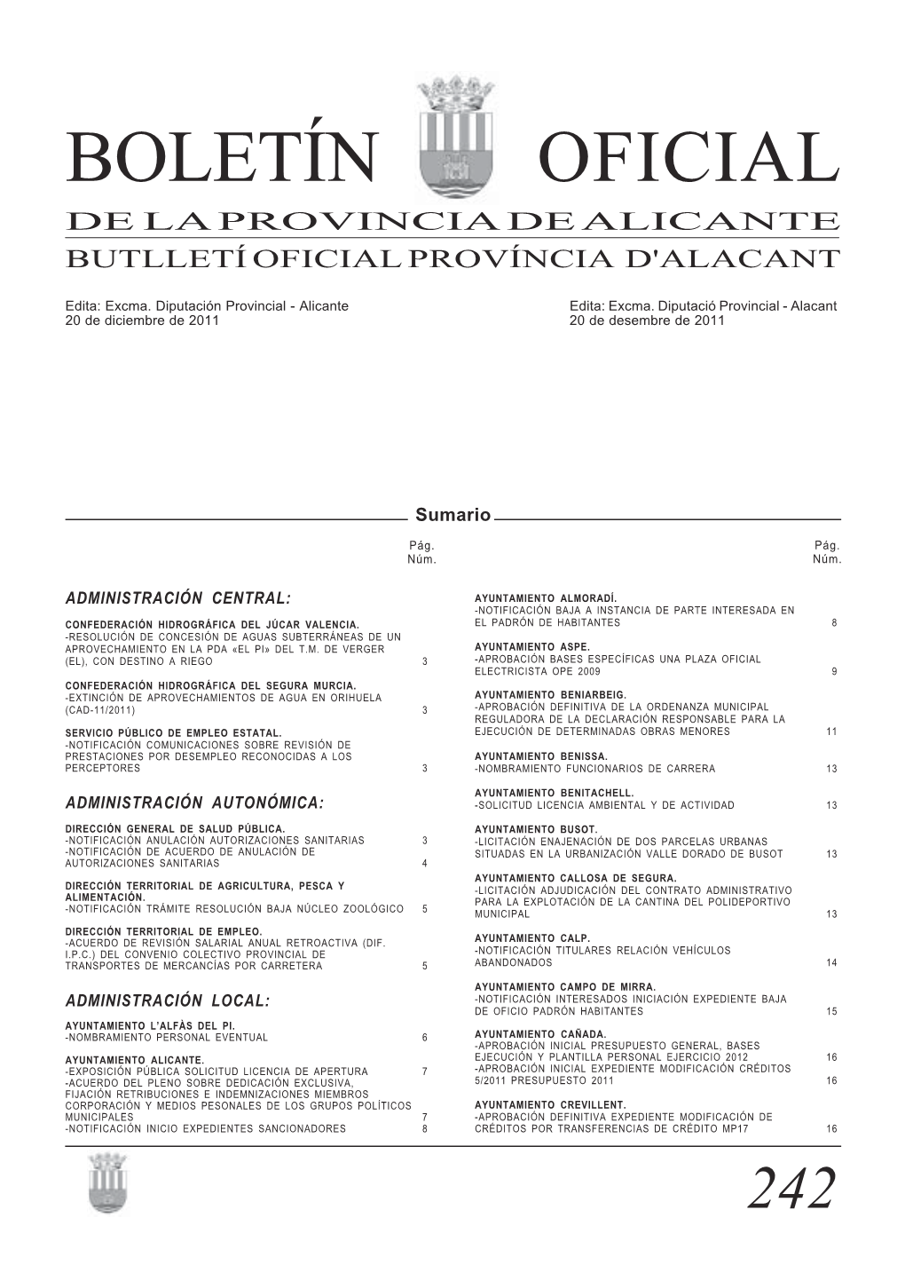 Boletín Oficial De La Provincia De Alicante Butlletí Oficial Província D'alacant