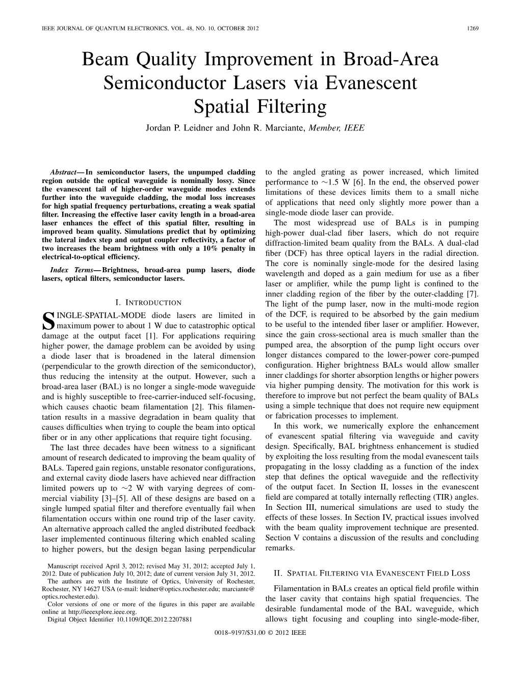 Beam Quality Improvement in Broad-Area Semiconductor Lasers Via Evanescent Spatial Filtering Jordan P