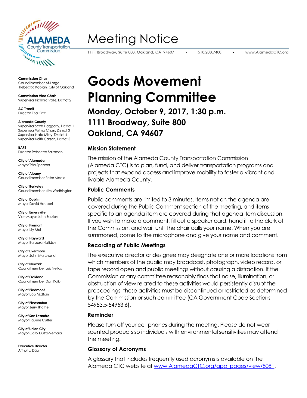 Goods Movement Planning Committee Meeting Agenda Monday, October 9, 2017, 1:30 P.M