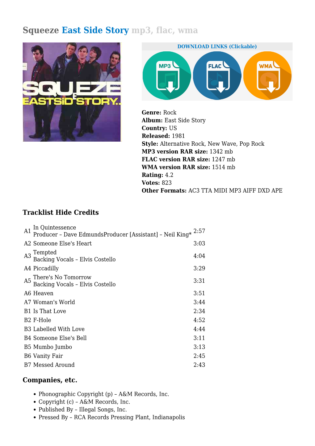 Squeeze East Side Story Mp3, Flac, Wma