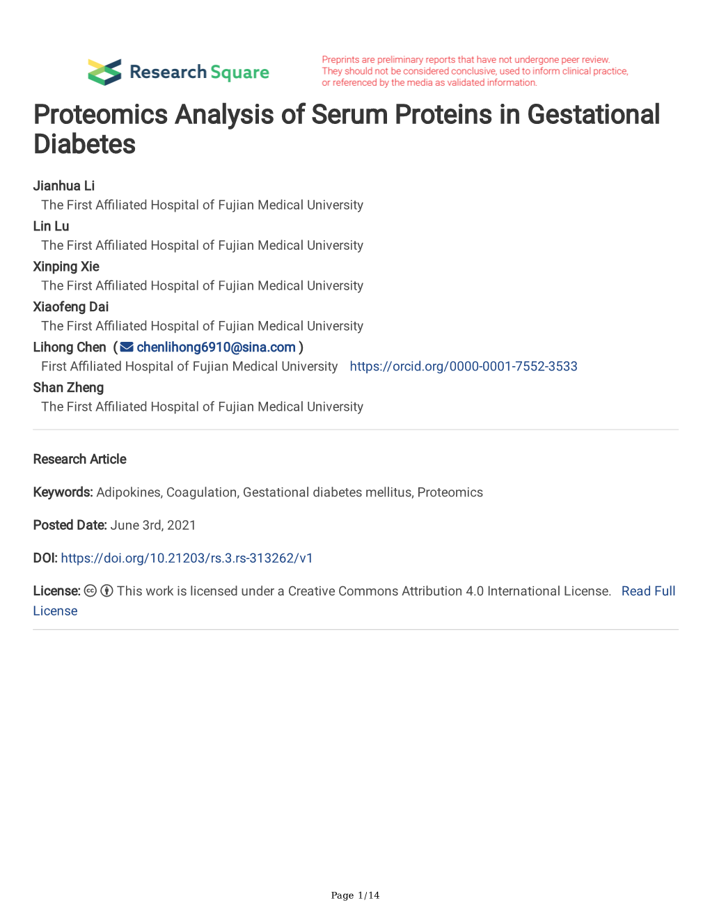 Proteomics Analysis of Serum Proteins in Gestational Diabetes