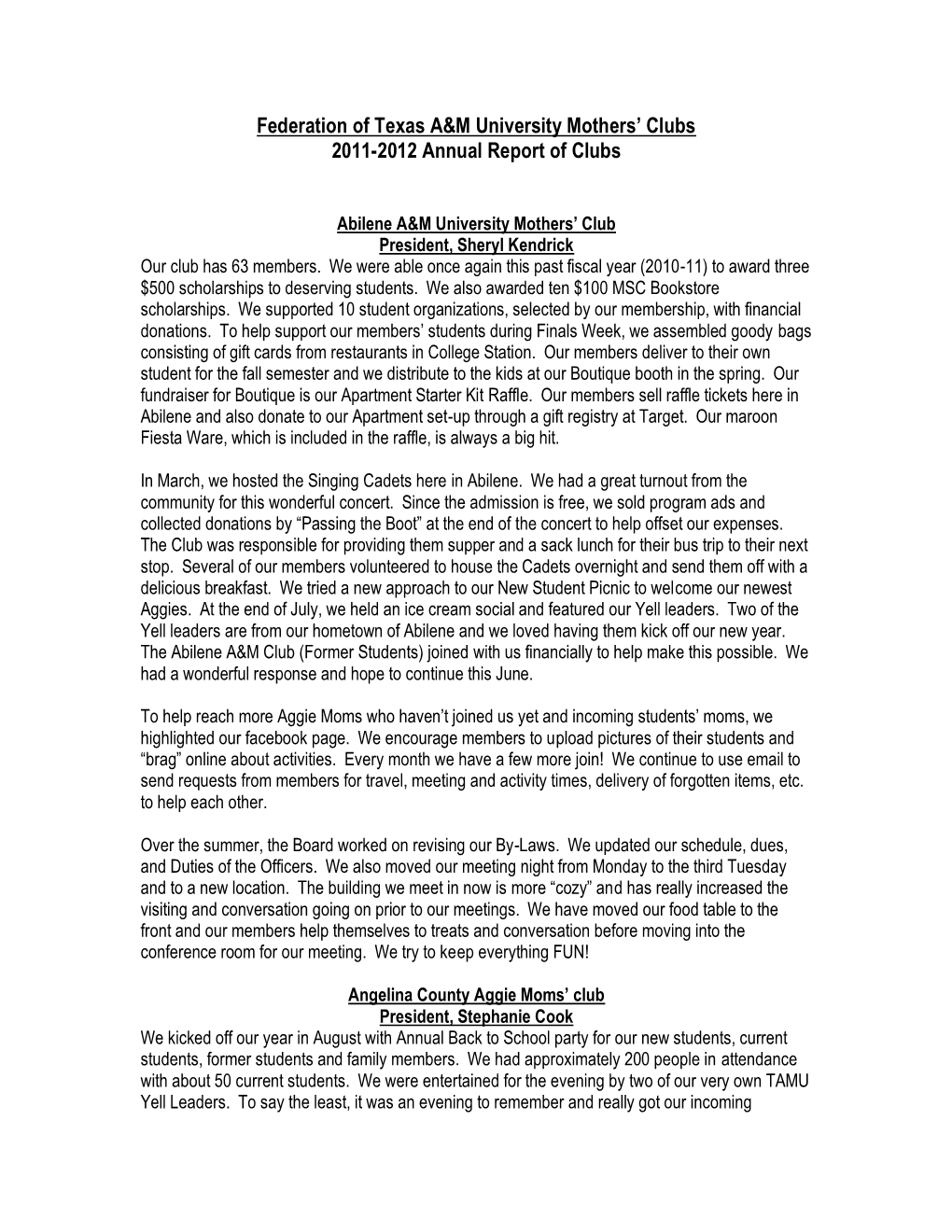 Annual Report of Clubs