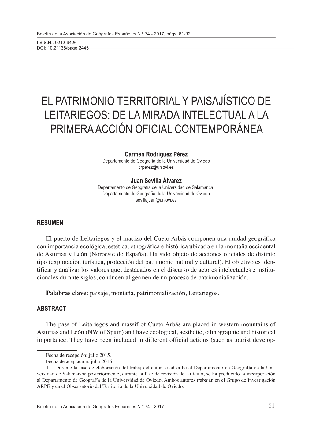 El Patrimonio Territorial Y Paisajístico De Leitariegos: De La Mirada Intelectual a La Primera Acción Oficial Contemporánea