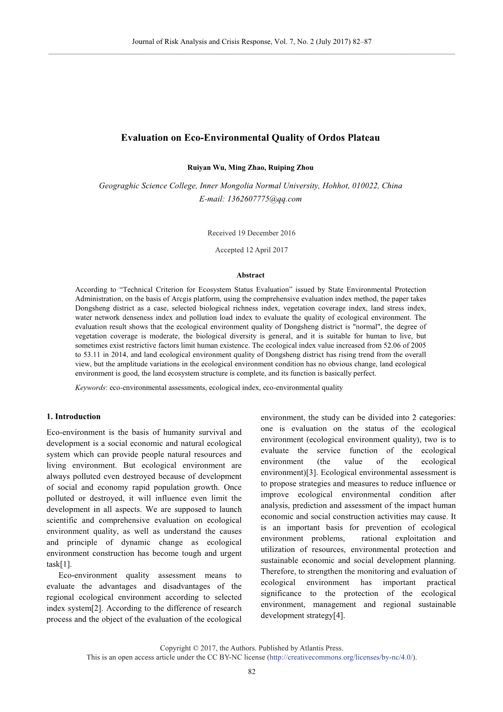 Evaluation on Eco-Environmental Quality of Dongsheng District