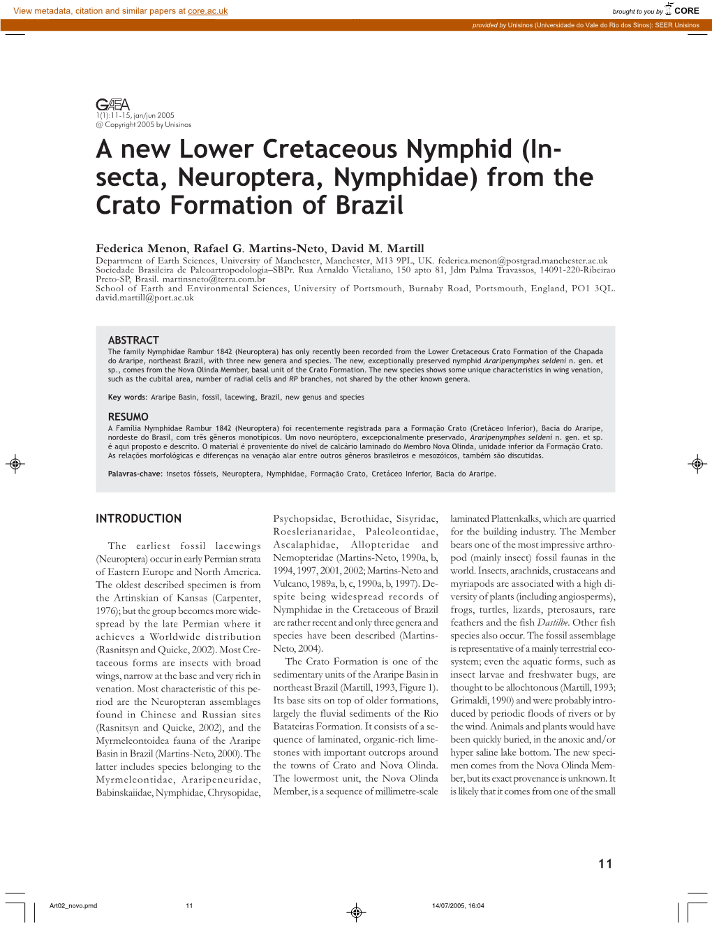 In- Secta, Neuroptera, Nymphidae) from the Crato Formation of Brazil