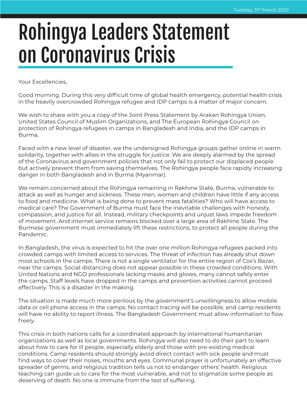 Rohingya Leaders Statement on Coronavirus Crisis