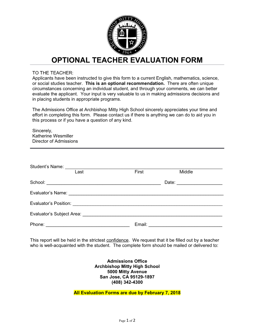 Optional Teacher Evaluation Form