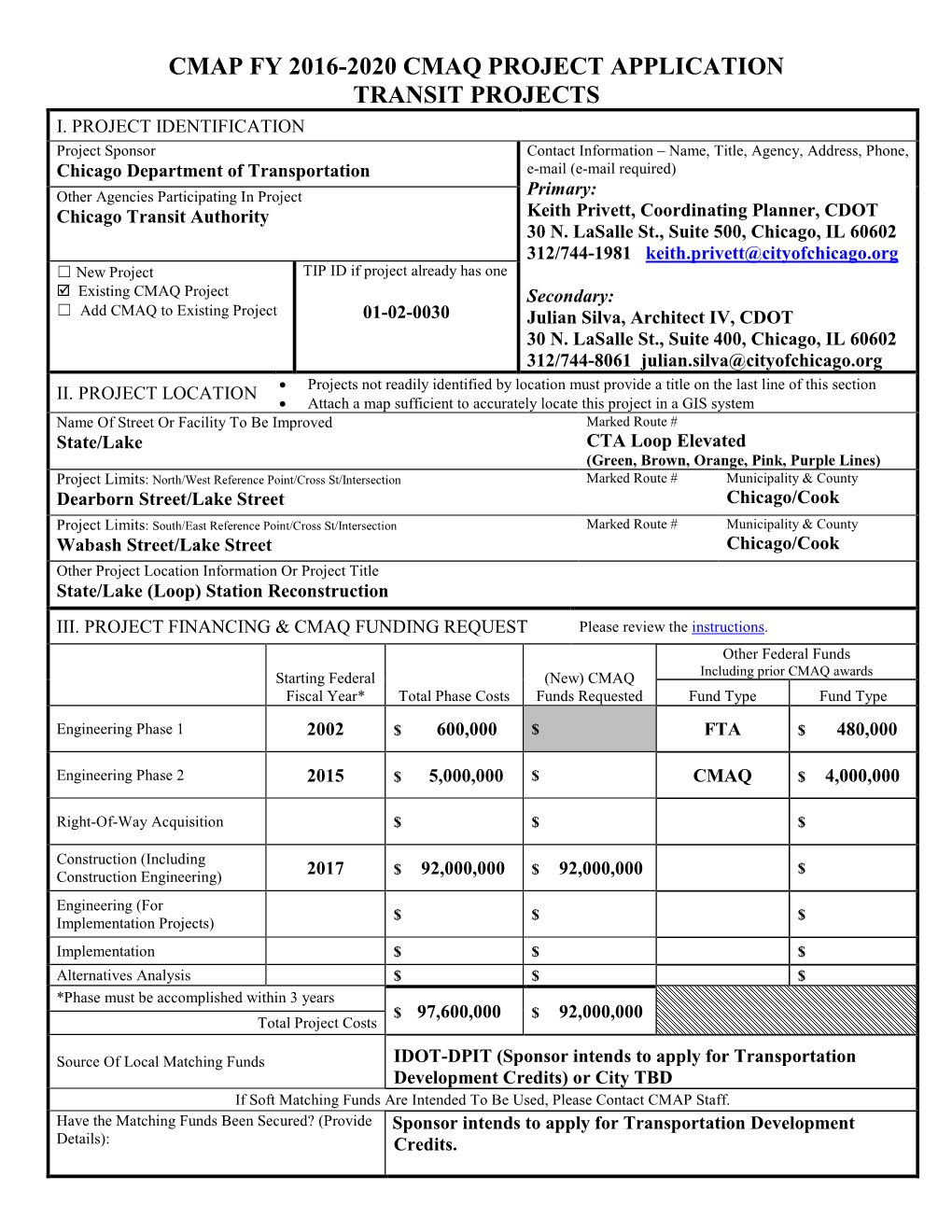 Cmap Fy 2016-2020 Cmaq Project Application Transit Projects I