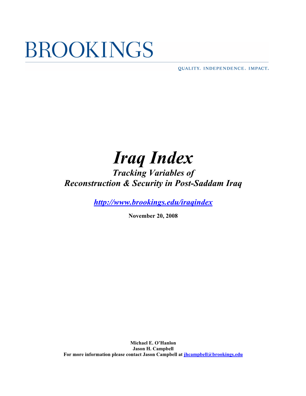 Iraq Index Tracking Variables of Reconstruction & Security in Post-Saddam Iraq