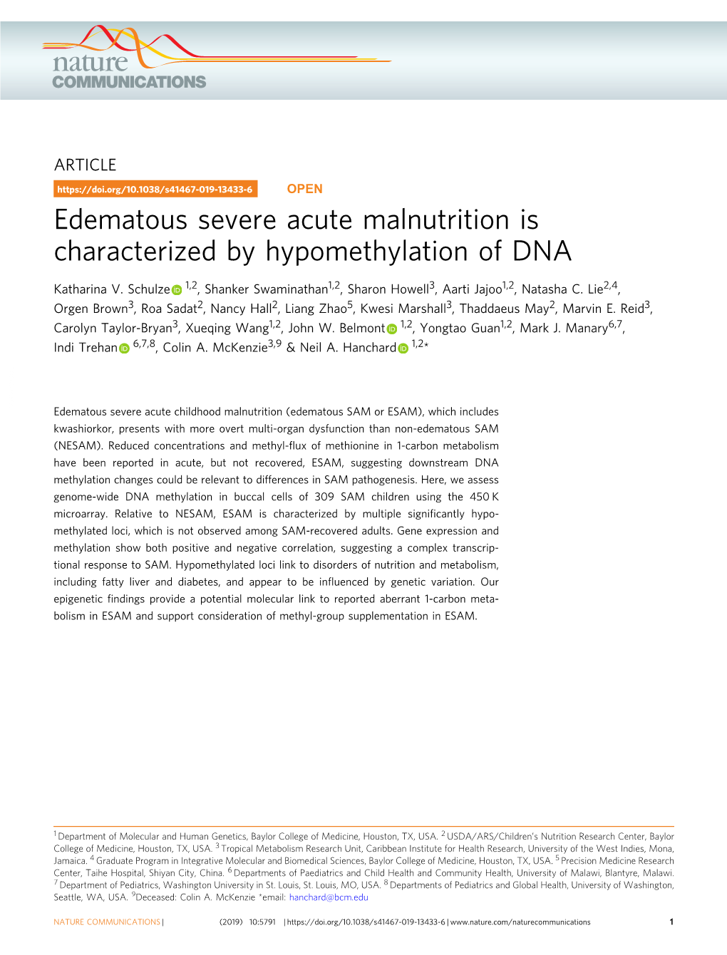 Edematous Severe Acute Malnutrition Is Characterized by Hypomethylation of DNA