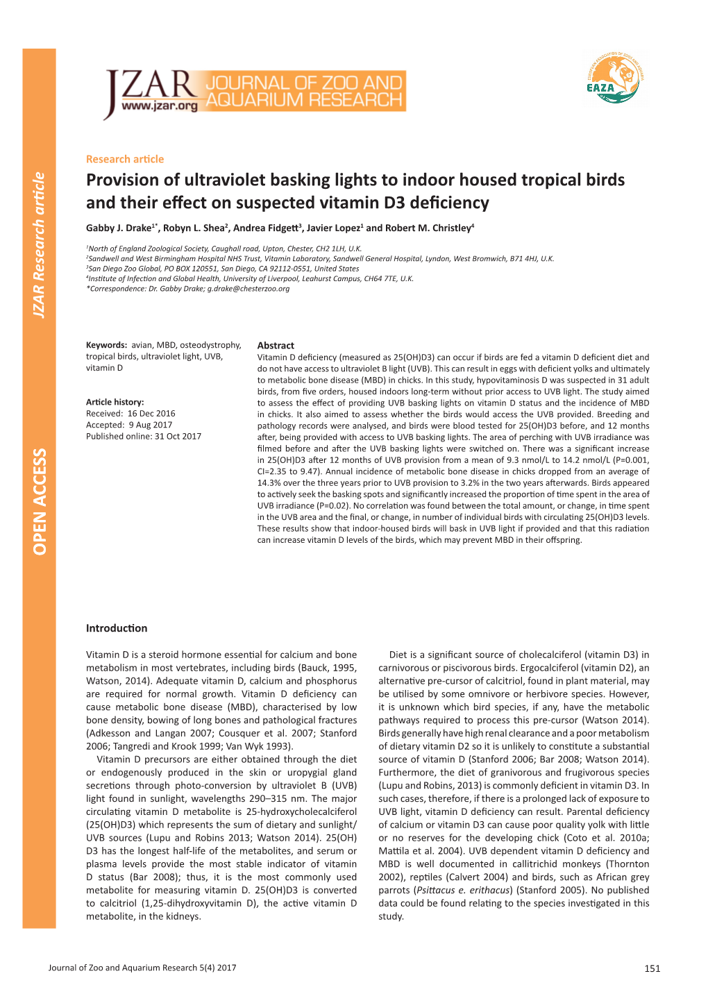 Provision of Ultraviolet Basking Lights to Indoor Housed Tropical Birds And