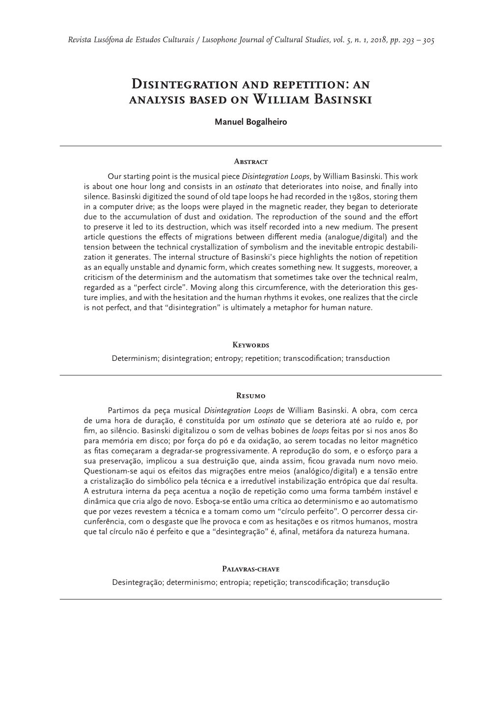 Disintegration and Repetition: an Analysis Based on William Basinski