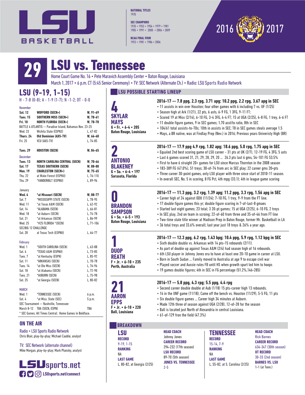 Game 29 Notes -- Tennessee.Indd