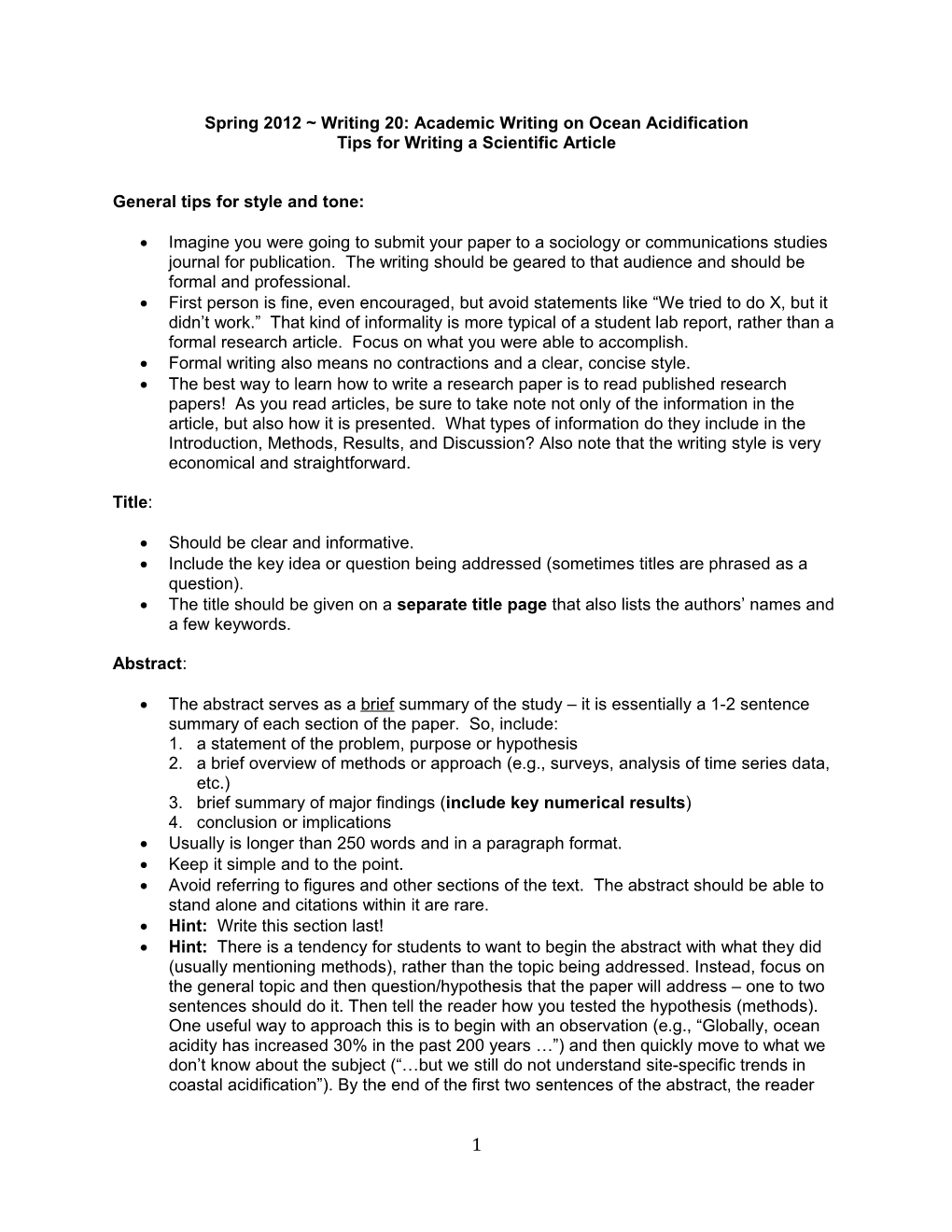 Spring 2012 Writing 20: Academic Writing on Ocean Acidification