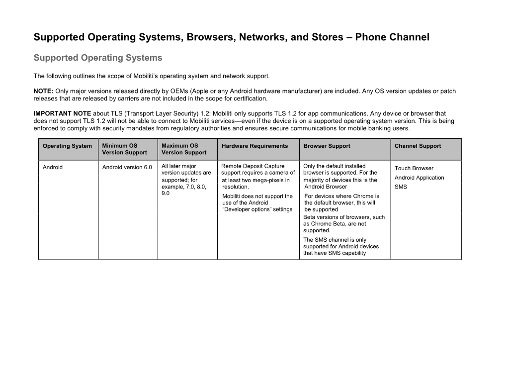 Supported Operating Systems, Browsers, Networks, and Stores – Phone Channel