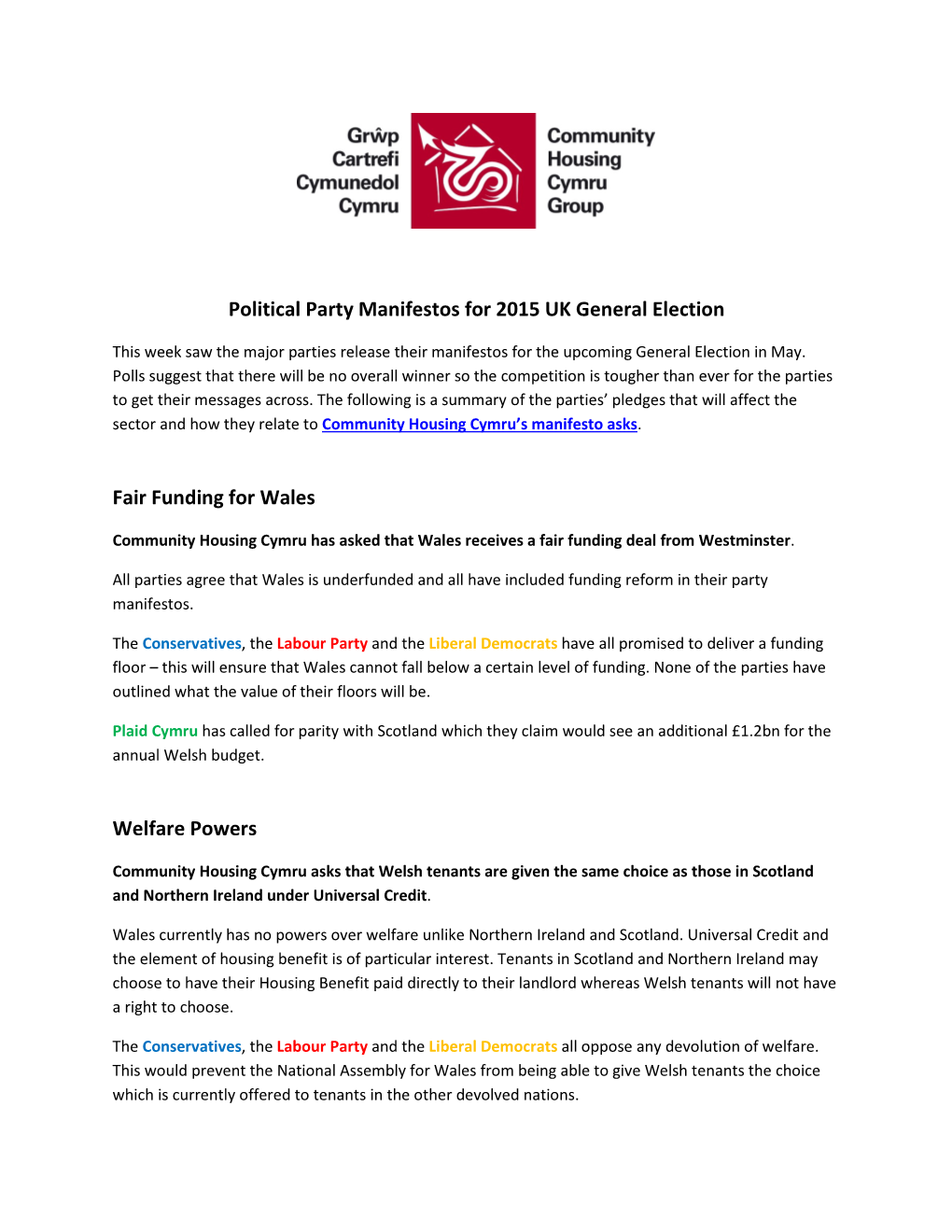 Political Party Manifestos for 2015 UK General Election