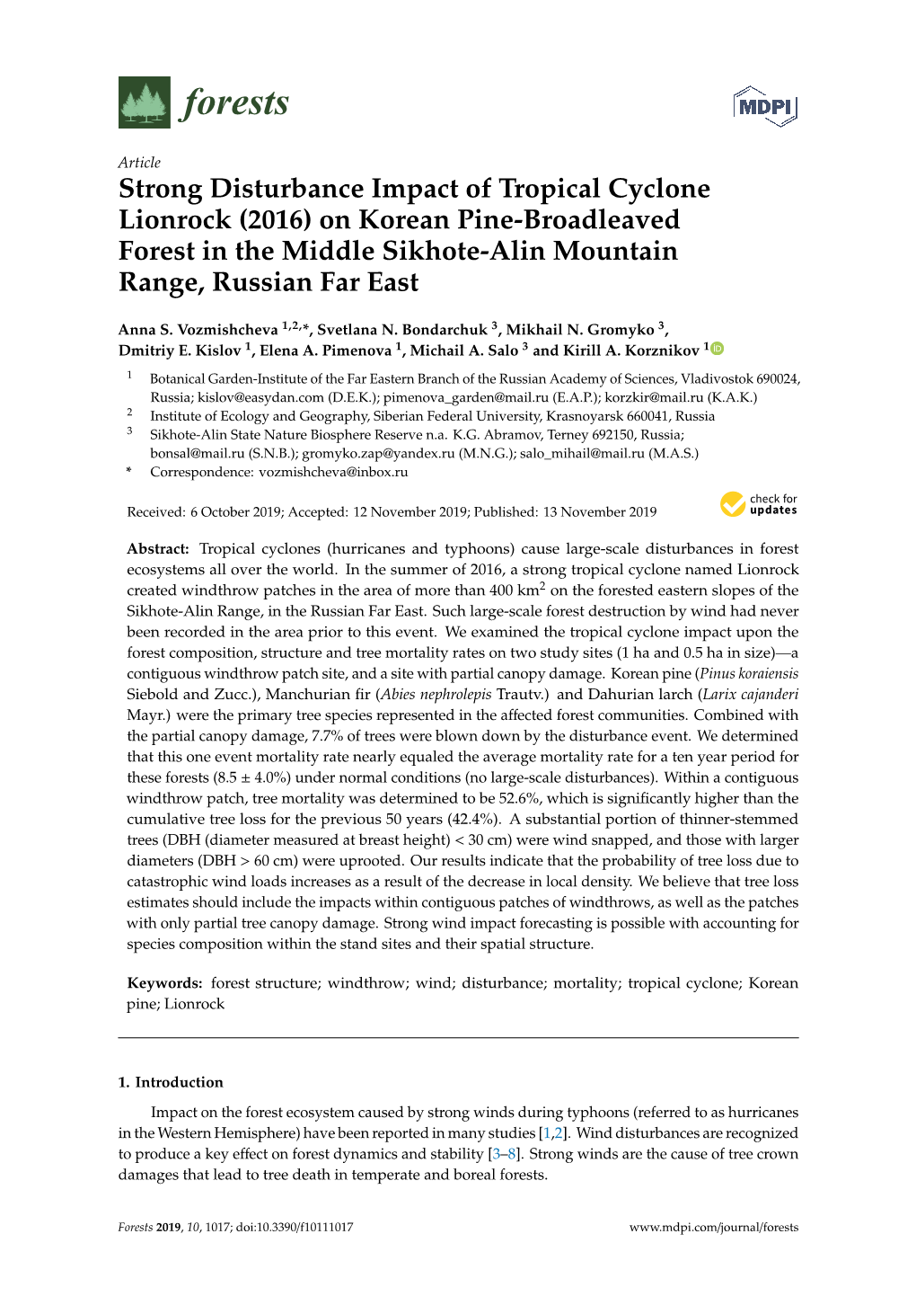 Strong Disturbance Impact of Tropical Cyclone Lionrock (2016) on Korean Pine-Broadleaved Forest in the Middle Sikhote-Alin Mountain Range, Russian Far East