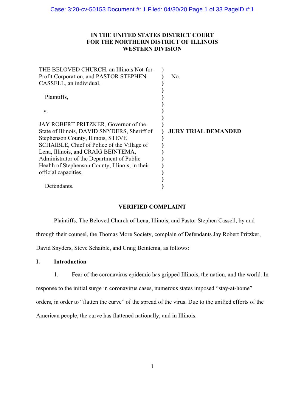 IN the UNITED STATES DISTRICT COURT for the NORTHERN DISTRICT of ILLINOIS WESTERN DIVISION the BELOVED CHURCH, an Illinois Not-F