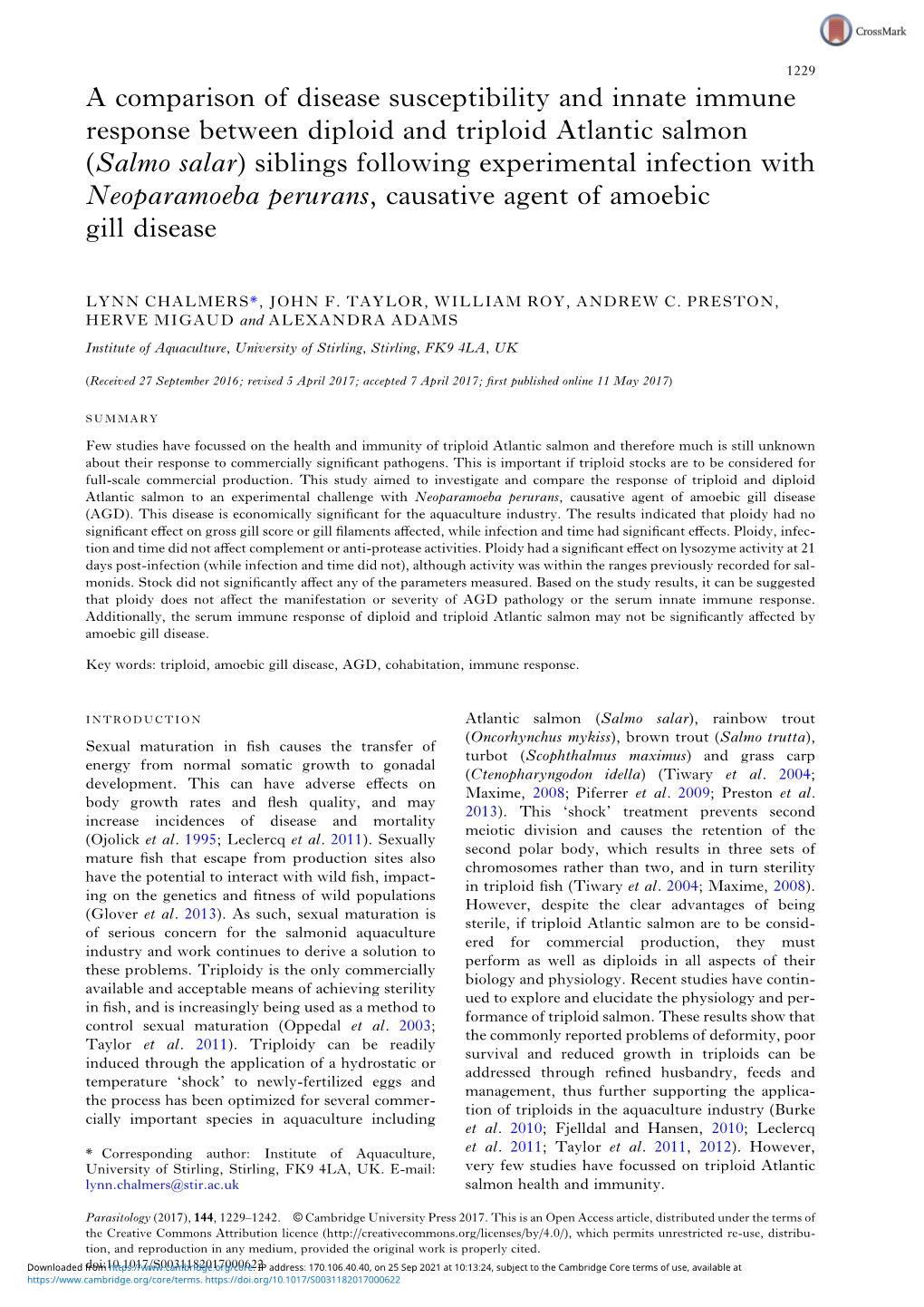 Salmo Salar) Siblings Following Experimental Infection with Neoparamoeba Perurans, Causative Agent of Amoebic Gill Disease