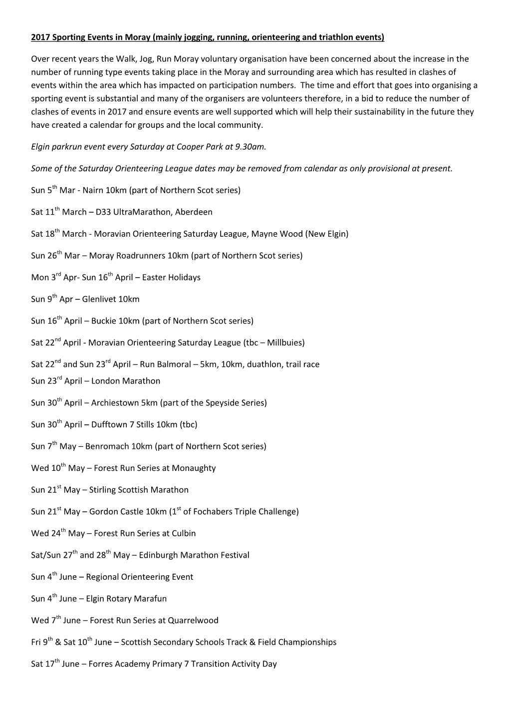 2017 Sporting Events in Moray (Mainly Jogging, Running, Orienteering and Triathlon Events)