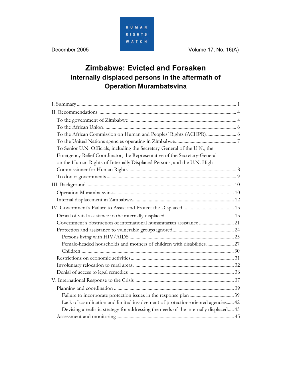 Zimbabwe: Evicted and Forsaken Internally Displaced Persons in the Aftermath of Operation Murambatsvina