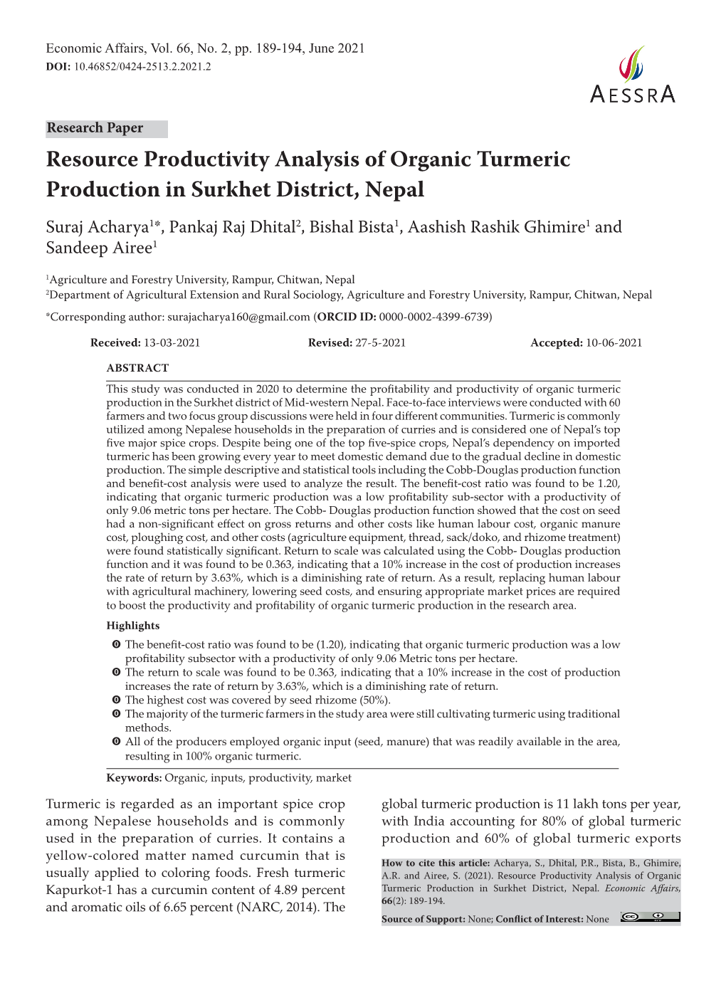 Resource Productivity Analysis of Organic Turmeric