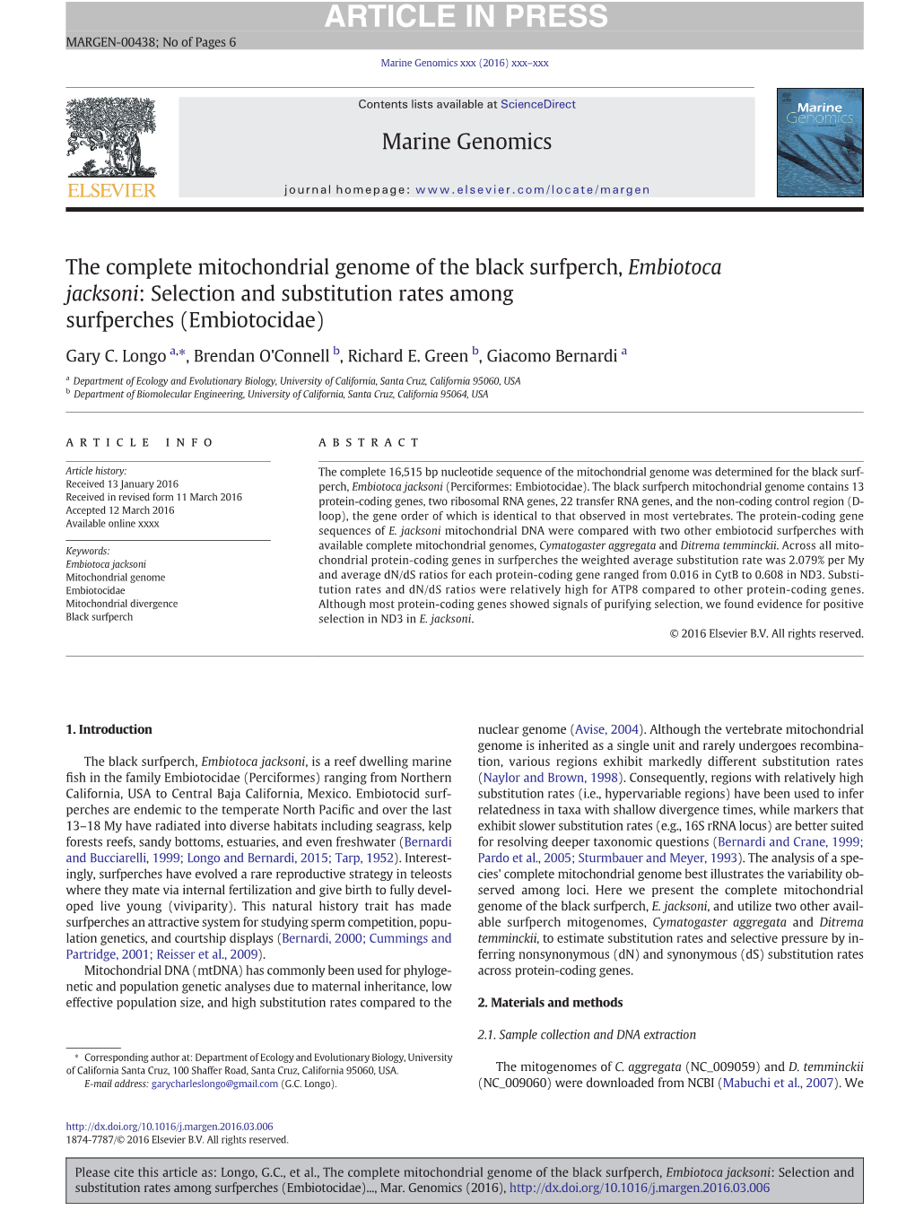 The Complete Mitochondrial Genome of the Black Surfperch, Embiotoca Jacksoni: Selection and Substitution Rates Among Surfperches (Embiotocidae)