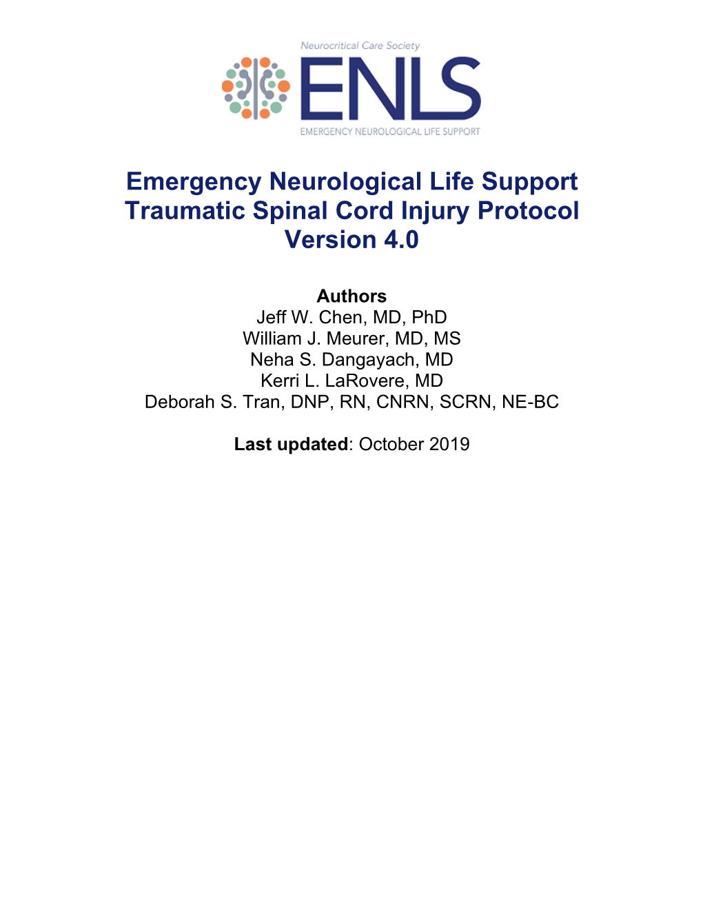 Emergency Neurological Life Support Traumatic Spinal Cord Injury Protocol Version 4.0