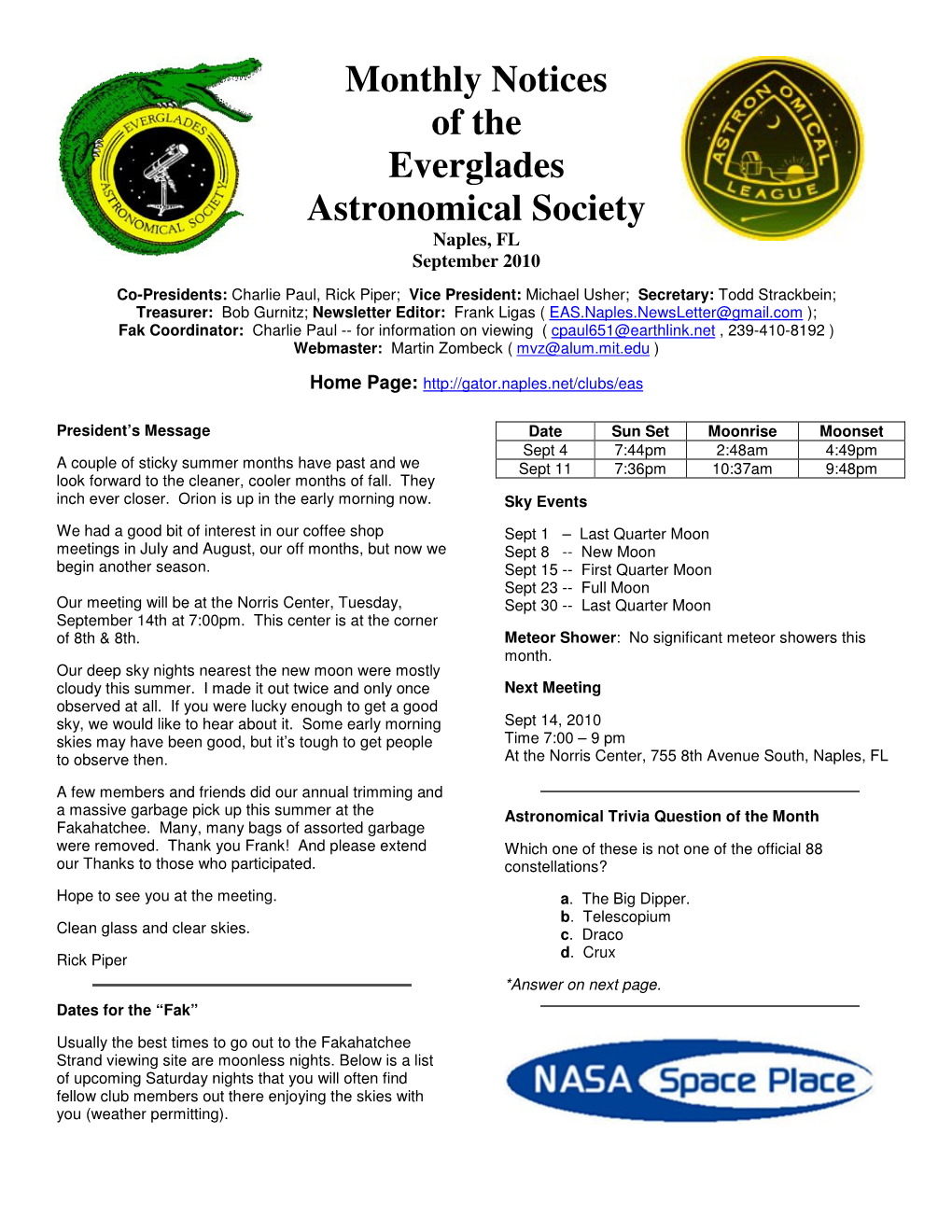 Monthly Notices of the Everglades Astronomical Society Naples, FL September 2010