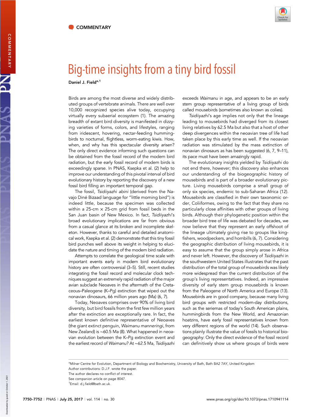 Big-Time Insights from a Tiny Bird Fossil Daniel J