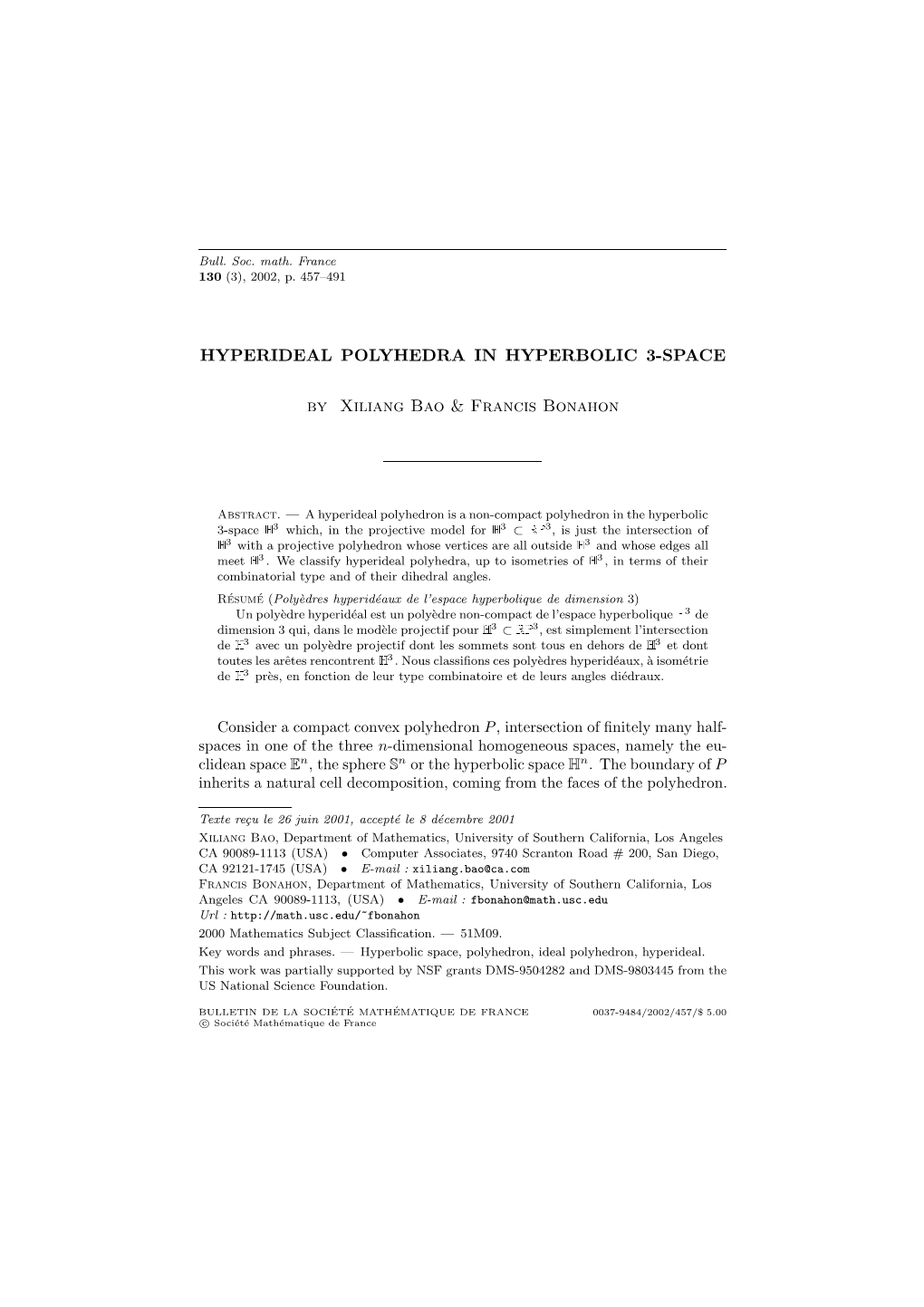 HYPERIDEAL POLYHEDRA in HYPERBOLIC 3-SPACE by Xiliang Bao & Francis Bonahon