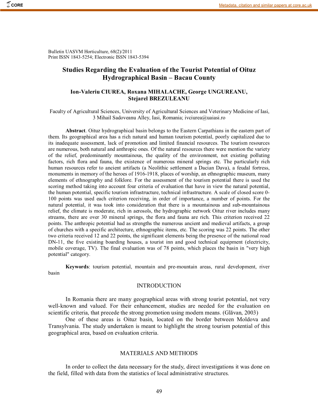 Studies Regarding the Evaluation of the Tourist Potential of Oituz Hydrographical Basin – Bacau County