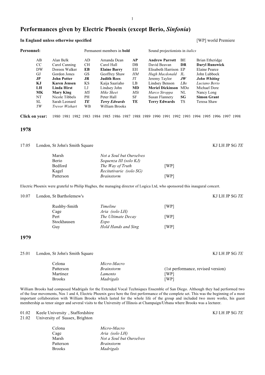 Performances Given by Electric Phoenix (Except Berio, Sinfonia)