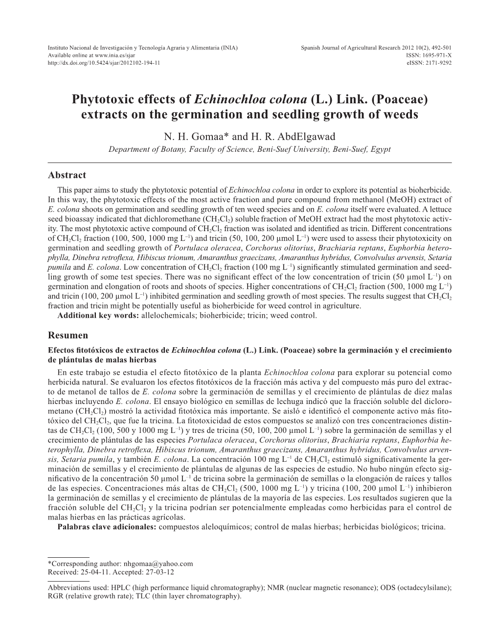 Phytotoxic Effects of Echinochloa Colona (L.) Link