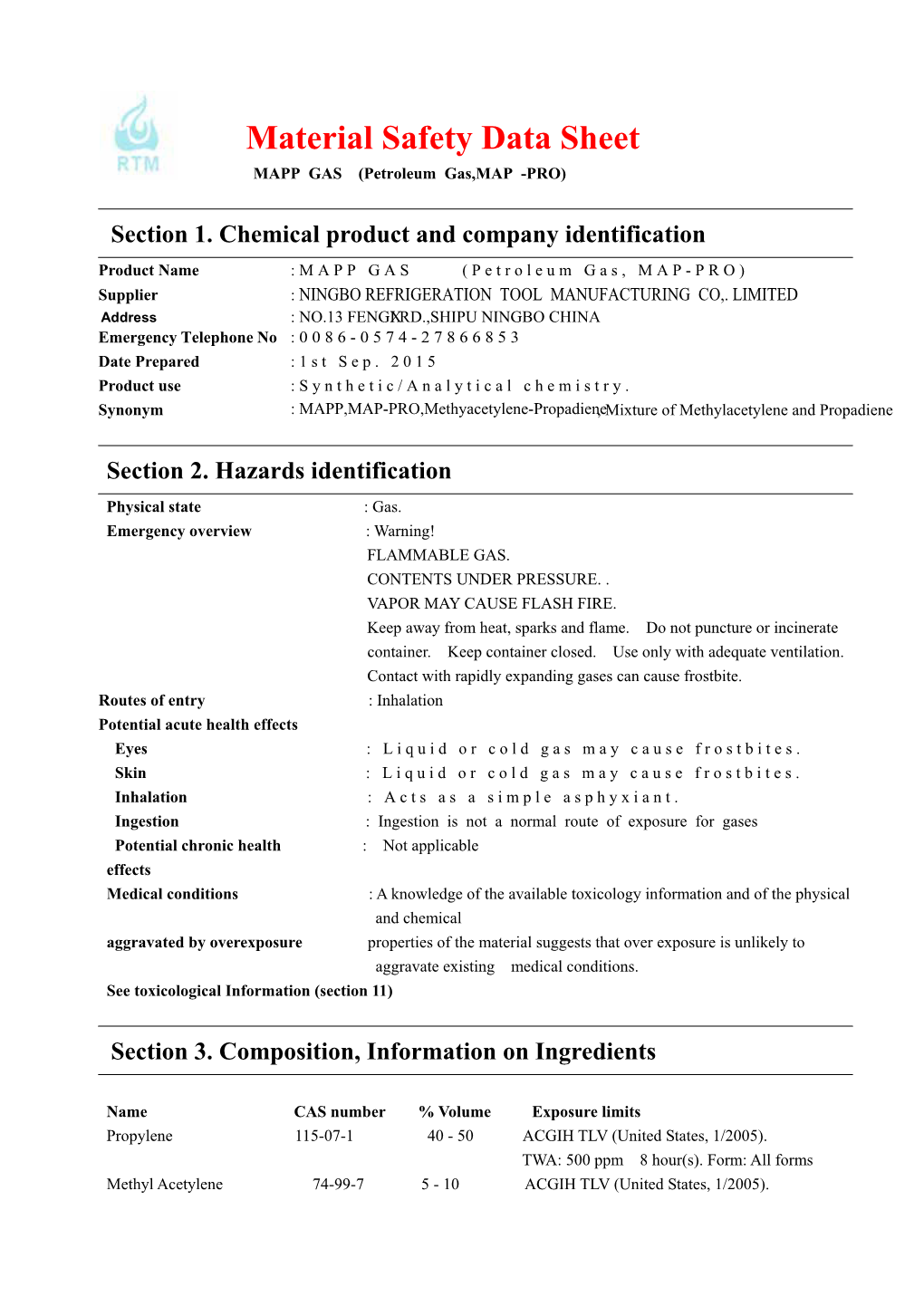 Material Safety Data Sheet MAPP GAS (Petroleum Gas,MAP -PRO)