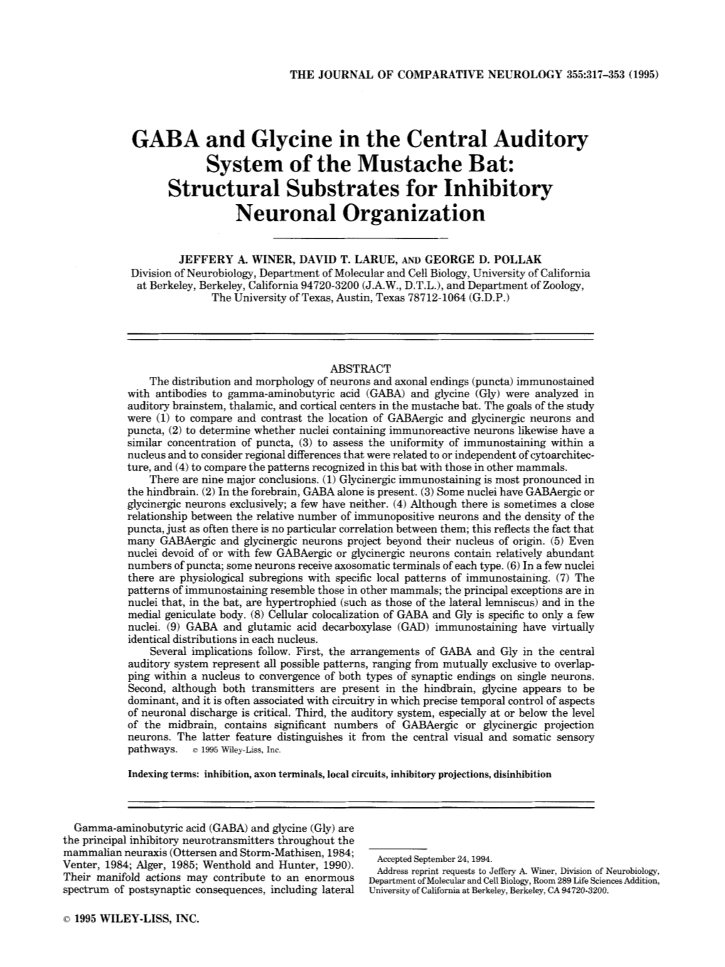 GABA and Glycine in the Central Auditory System of the Mustache Bat: Structural Substrates for Inhibitory Neuronal Organization