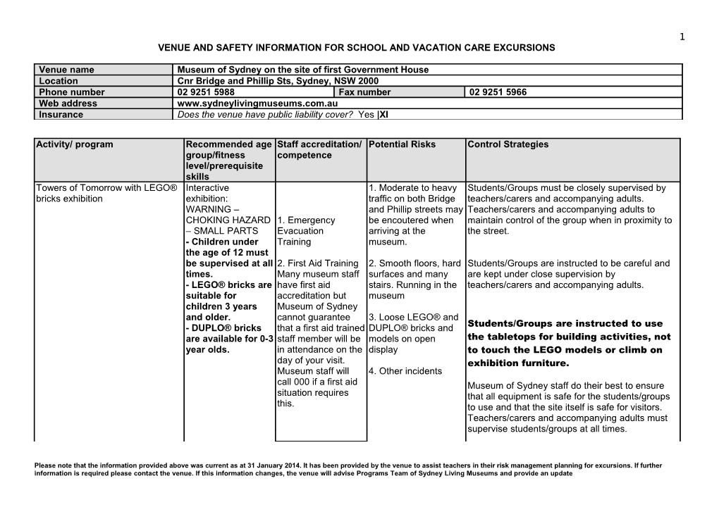 Venue and Safety Information for School Excursions s1