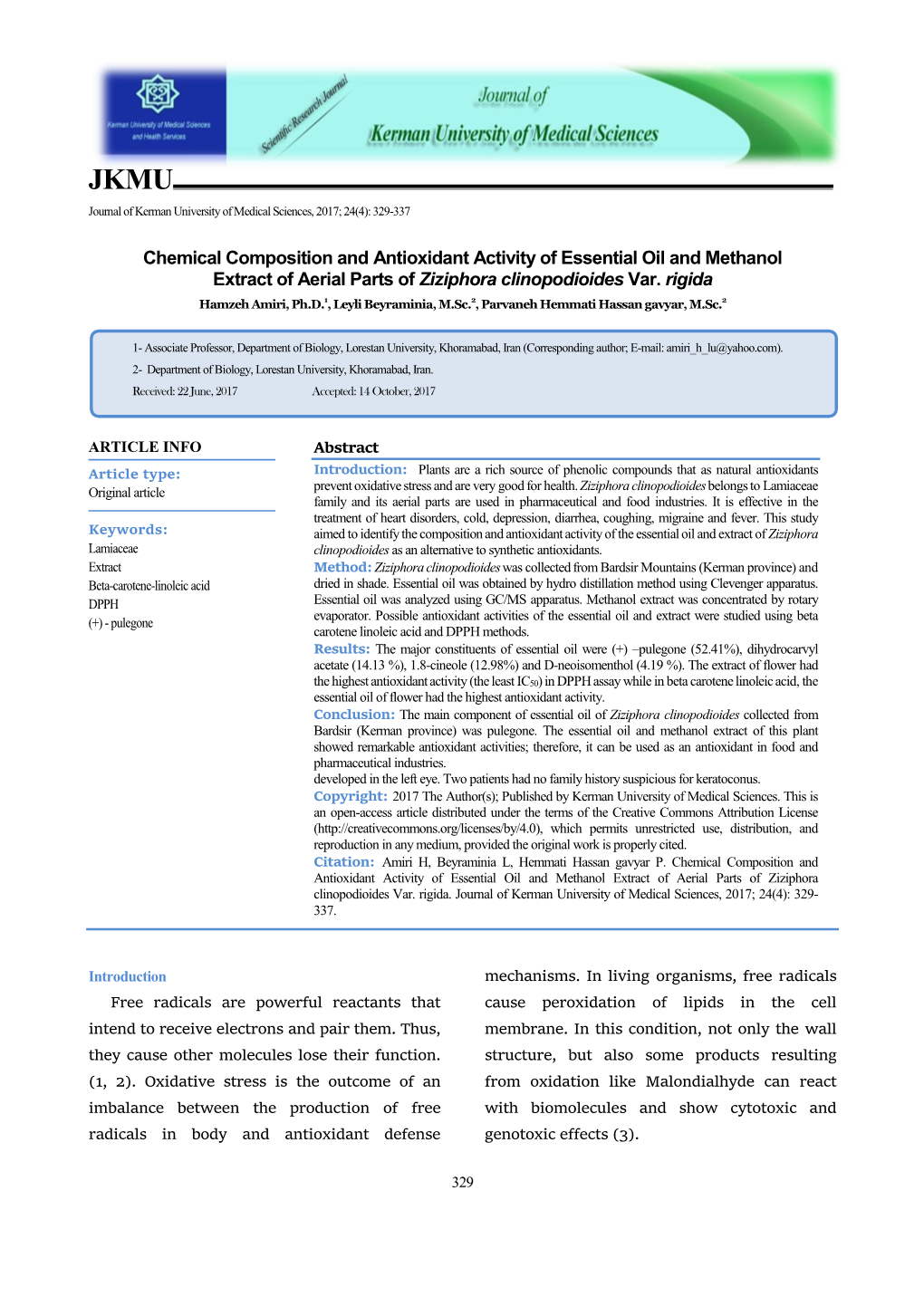 Chemical Composition and Antioxidant Activity of Essential Oil and Methanol Extract of Aerial Parts of Ziziphora Clinopodioides Var